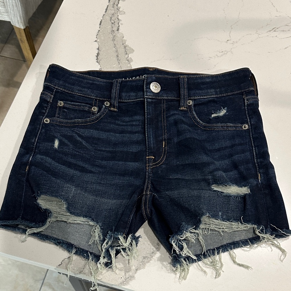 American Eagle Outfitters Dark Blue Distressed Jean Shorts